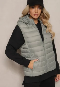 Jasnozielona Kamizelka z Kapturem Ozdobiona Pikowaniem Sintaria