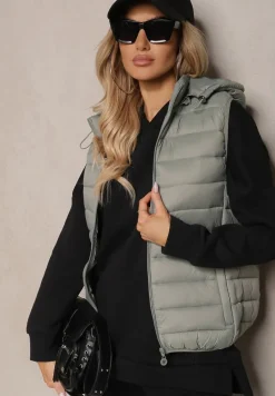 Jasnozielona Kamizelka z Kapturem Ozdobiona Pikowaniem Sintaria