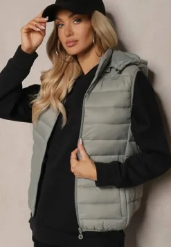 Jasnozielona Kamizelka z Kapturem Ozdobiona Pikowaniem Sintaria