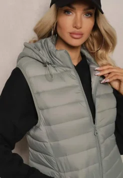 Jasnozielona Kamizelka z Kapturem Ozdobiona Pikowaniem Sintaria