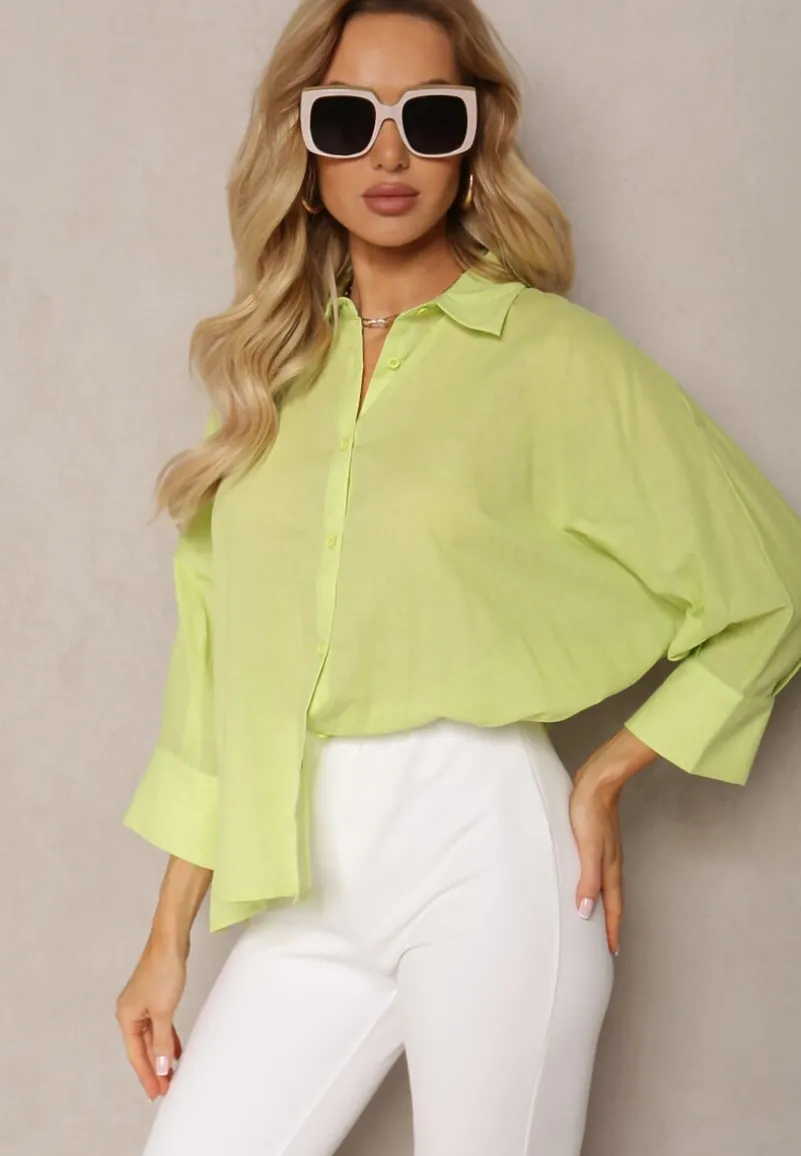 Jasnozielona Koszula z Bawełny Rękawy 3/4 Typu Nietoperz Delilatia