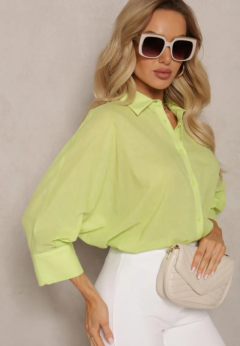 Jasnozielona Koszula z Bawełny Rękawy 3/4 Typu Nietoperz Delilatia