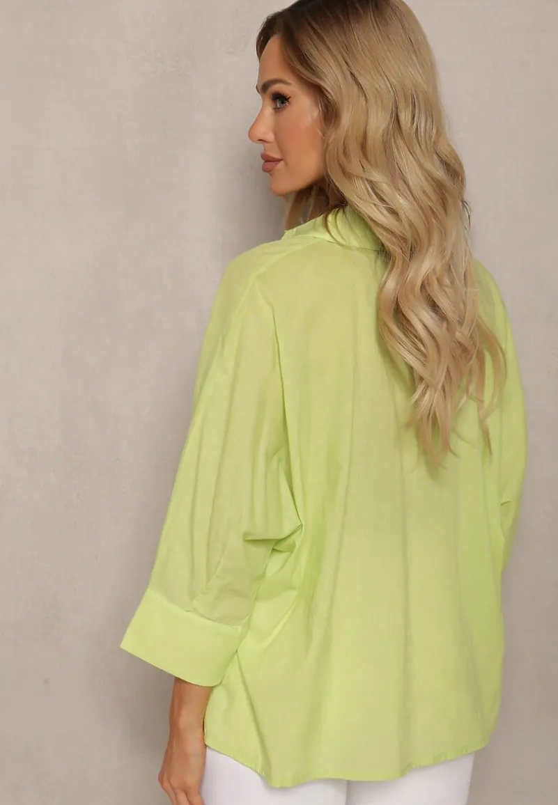 Jasnozielona Koszula z Bawełny Rękawy 3/4 Typu Nietoperz Delilatia