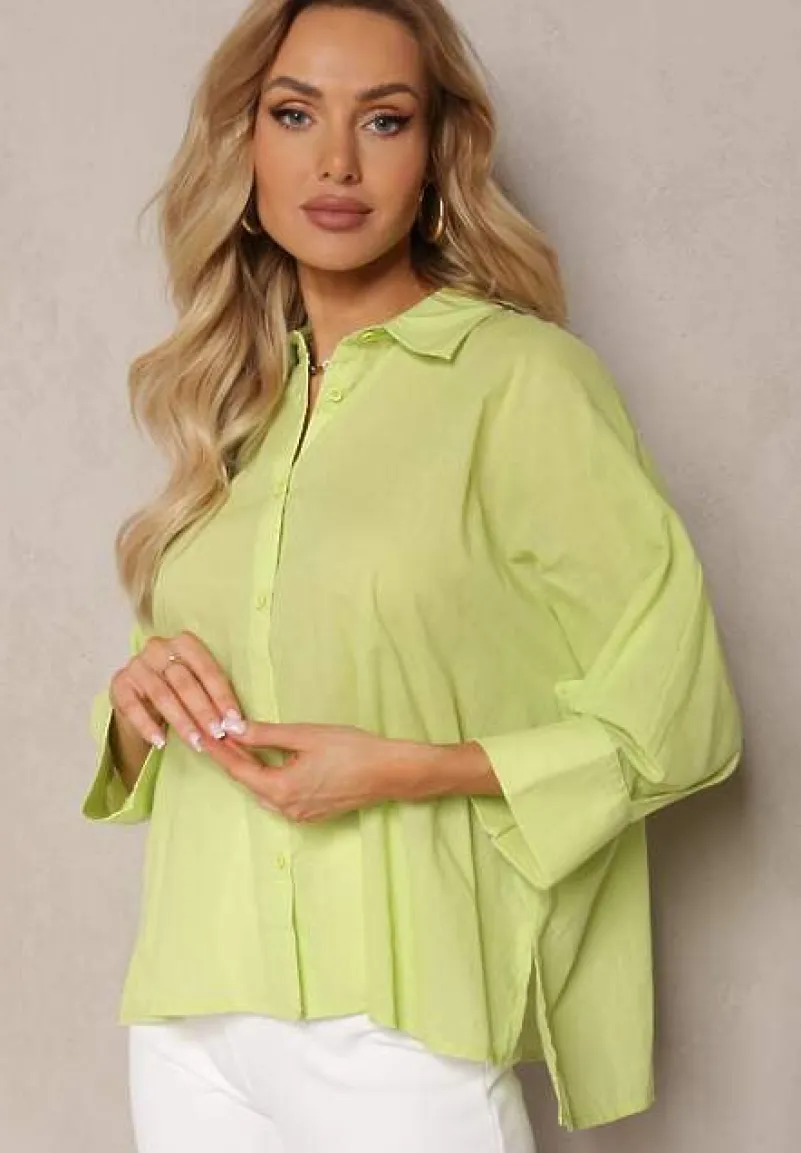 Jasnozielona Koszula z Bawełny Rękawy 3/4 Typu Nietoperz Delilatia