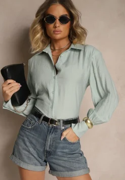 Jasnozielona Koszula z Usztywnioną Linią Ramion i Wiązaniem Meroniela