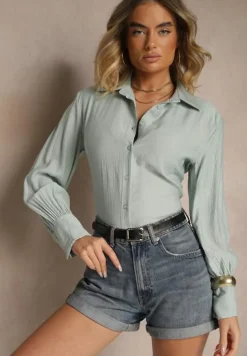Jasnozielona Koszula z Usztywnioną Linią Ramion i Wiązaniem Meroniela