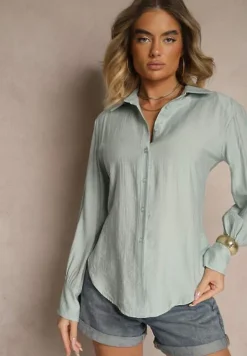 Jasnozielona Koszula z Usztywnioną Linią Ramion i Wiązaniem Meroniela