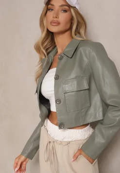 Jasnozielona Koszulowa Kurtka z Ekoskóry o Krótkim Kroju z Kieszeniami Sesadoris