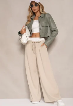 Jasnozielona Koszulowa Kurtka z Ekoskóry o Krótkim Kroju z Kieszeniami Sesadoris