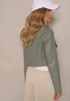 Jasnozielona Koszulowa Kurtka z Ekoskóry o Krótkim Kroju z Kieszeniami Sesadoris