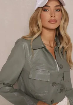 Jasnozielona Koszulowa Kurtka z Ekoskóry o Krótkim Kroju z Kieszeniami Sesadoris