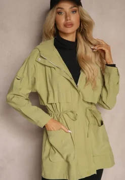 Jasnozielona Kurtka o Fasonie Parki z Kapturem i Troczkiem Mevalla