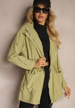 Jasnozielona Kurtka o Fasonie Parki z Kapturem i Troczkiem Mevalla