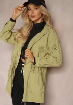 Jasnozielona Kurtka o Fasonie Parki z Kapturem i Troczkiem Mevalla