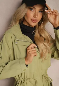 Jasnozielona Kurtka o Fasonie Parki z Kapturem i Troczkiem Mevalla