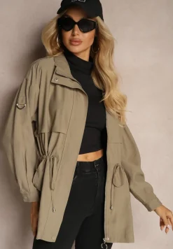 Jasnozielona Kurtka Parka z Dodatkiem Bawełny Wykończona Troczkami Zapinana na Napy Velona