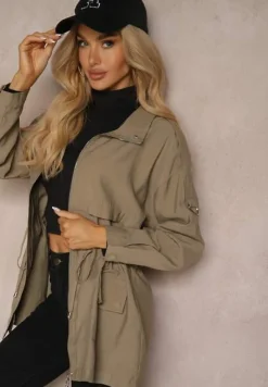 Jasnozielona Kurtka Parka z Dodatkiem Bawełny Wykończona Troczkami Zapinana na Napy Velona