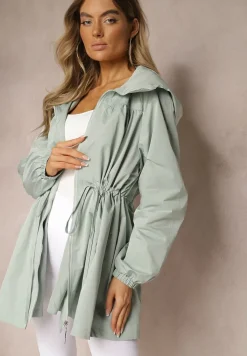 Jasnozielona Kurtka w Stylu Parki Wiązana w Pasie Nevithia
