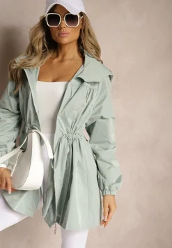 Jasnozielona Kurtka w Stylu Parki Wiązana w Pasie Nevithia