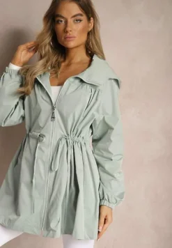 Jasnozielona Kurtka w Stylu Parki Wiązana w Pasie Nevithia