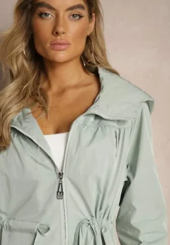 Jasnozielona Kurtka w Stylu Parki Wiązana w Pasie Nevithia