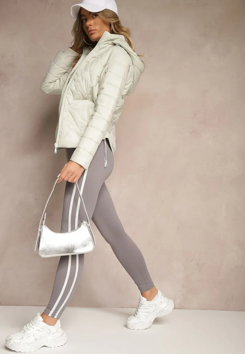 Jasnozielona Kurtka z Zaznaczoną Talią i Kapturem w Ozdobne Pikowanie Afla