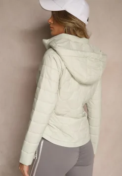 Jasnozielona Kurtka z Zaznaczoną Talią i Kapturem w Ozdobne Pikowanie Afla