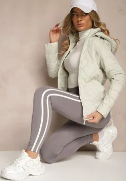 Jasnozielona Kurtka z Zaznaczoną Talią i Kapturem w Ozdobne Pikowanie Afla