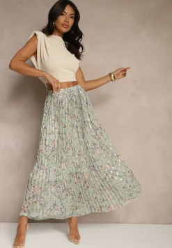 Jasnozielona Kwiecista Spódnica Rozkloszowana z Plisami Zdobiona Metalicznym Nadrukiem Folonissa