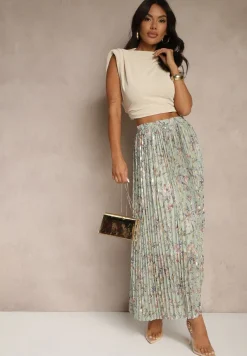 Jasnozielona Kwiecista Spódnica Rozkloszowana z Plisami Zdobiona Metalicznym Nadrukiem Folonissa