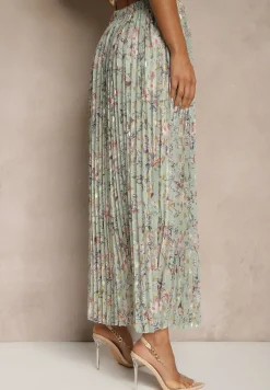 Jasnozielona Kwiecista Spódnica Rozkloszowana z Plisami Zdobiona Metalicznym Nadrukiem Folonissa