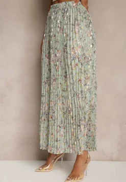 Jasnozielona Kwiecista Spódnica Rozkloszowana z Plisami Zdobiona Metalicznym Nadrukiem Folonissa