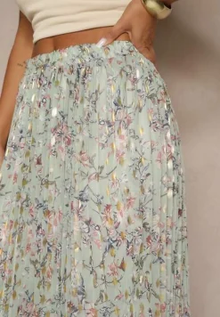 Jasnozielona Kwiecista Spódnica Rozkloszowana z Plisami Zdobiona Metalicznym Nadrukiem Folonissa