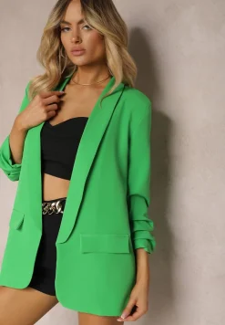 Jasnozielona Marynarka Niezapinana z Marszczonymi Rękawami Orolea