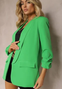 Jasnozielona Marynarka Niezapinana z Marszczonymi Rękawami Orolea