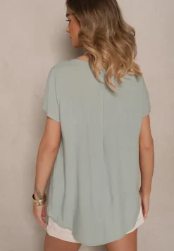 Jasnozielona Nietoperzowa Bluzka z Wiskozy Zdobiona Zakładką Paslitia