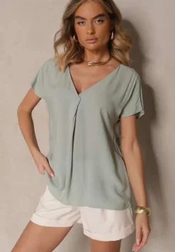 Jasnozielona Nietoperzowa Bluzka z Wiskozy Zdobiona Zakładką Paslitia