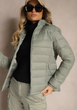 Jasnozielona Pikowana Kurtka o Prostym Kroju z Odpinanym Kapturem i Kieszeniami Labrissa