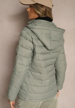 Jasnozielona Pikowana Kurtka o Prostym Kroju z Odpinanym Kapturem i Kieszeniami Labrissa