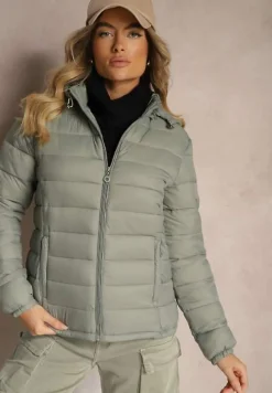 Jasnozielona Pikowana Kurtka o Prostym Kroju z Odpinanym Kapturem i Kieszeniami Labrissa