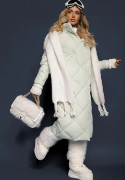 Jasnozielona Pikowana Kurtka Płaszcz za Kolano z Kapturem Kinassan