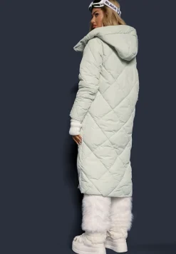 Jasnozielona Pikowana Kurtka Płaszcz za Kolano z Kapturem Kinassan