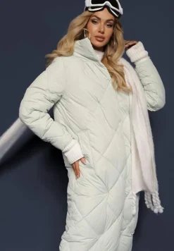 Jasnozielona Pikowana Kurtka Płaszcz za Kolano z Kapturem Kinassan