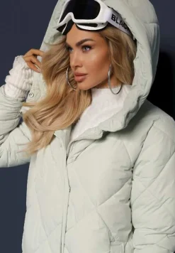 Jasnozielona Pikowana Kurtka Płaszcz za Kolano z Kapturem Kinassan