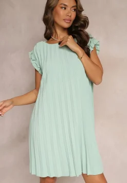 Jasnozielona Plisowana Sukienka Mini z Falbankami Trinida