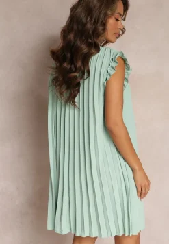 Jasnozielona Plisowana Sukienka Mini z Falbankami Trinida