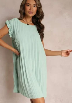 Jasnozielona Plisowana Sukienka Mini z Falbankami Trinida