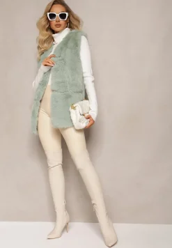 Jasnozielona Puchata Kamizelka z Futerka Ozdobiona Imitacją Skóry Tekllesa