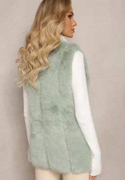 Jasnozielona Puchata Kamizelka z Futerka Ozdobiona Imitacją Skóry Tekllesa