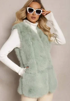 Jasnozielona Puchata Kamizelka z Futerka Ozdobiona Imitacją Skóry Tekllesa